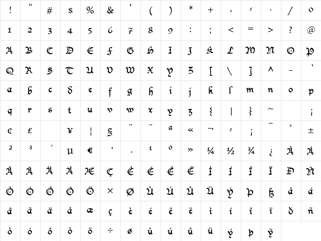 BlackWick Regular  glyph index