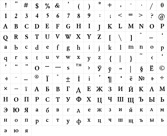 Mysl Bold  glyph index