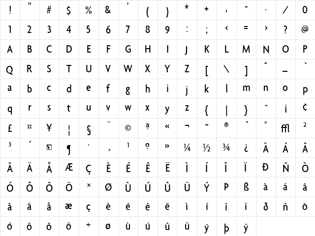 Agenda Regular  glyph index