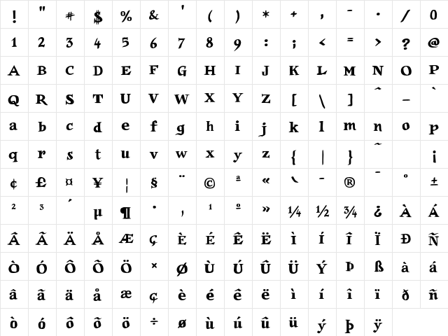 Auca Regular  glyph index