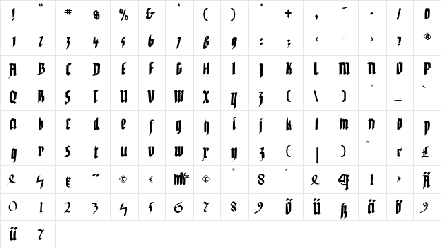 WaldarbeiterGotisch Regular  glyph index