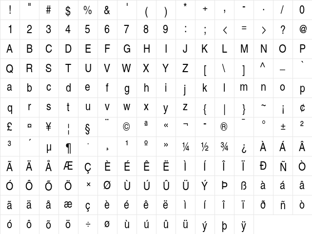 TeX Gyre Heros Cn Regular  glyph index