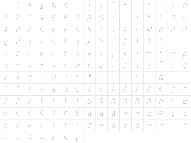 United Italic Reg Thin  glyph index