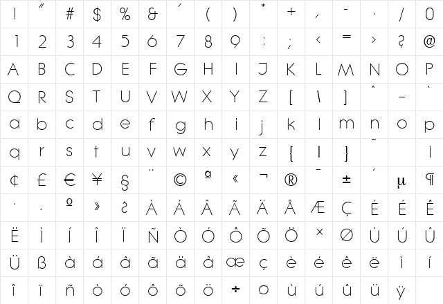 LiteraSerial-Light Regular  glyph index