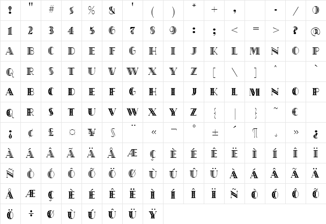 Hollywood Regular  glyph index
