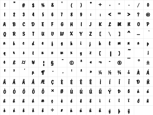 DTCBrodyM40 Regular  glyph index