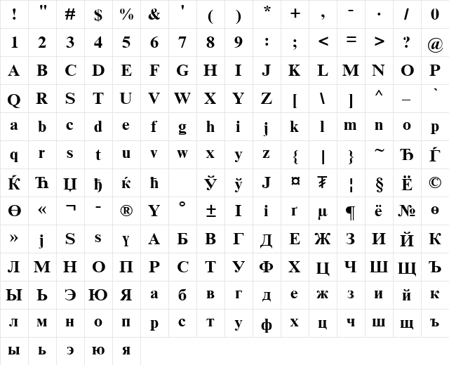 Times New Roman Mon Bold  glyph index
