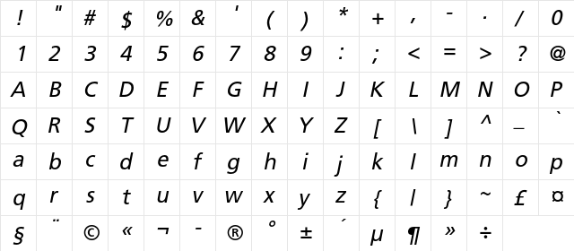 FreeSetC Italic  glyph index