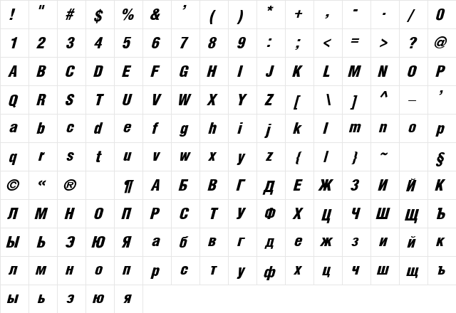 Helvet BCI Italic  glyph index