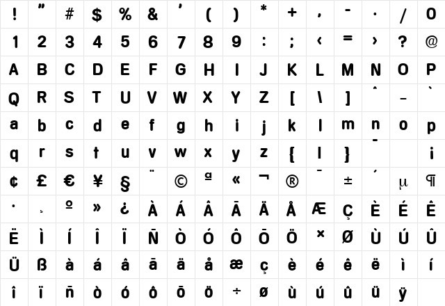 MercedesSerial Bold  glyph index