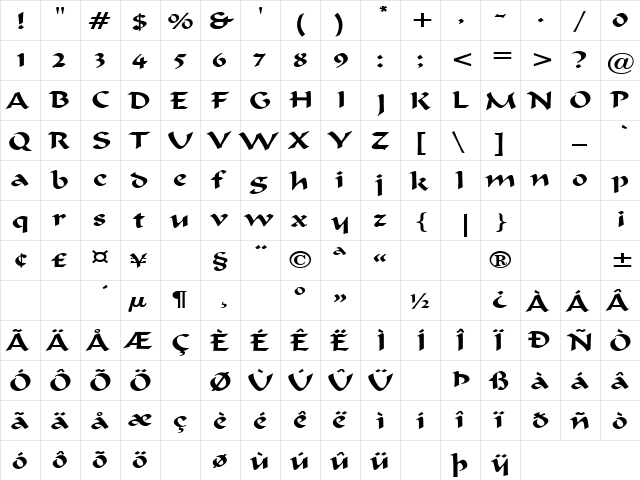 Sunflower 4 Regular  glyph index