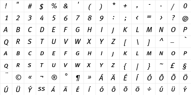 MetaBookCELF ItalicCaps  glyph index