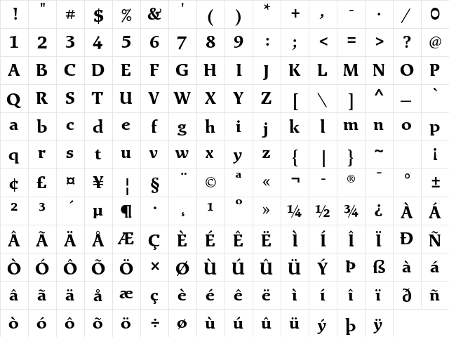 Exlibris Std Bold  glyph index