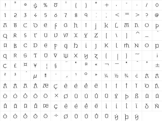Minska Light ITC TT Regular  glyph index