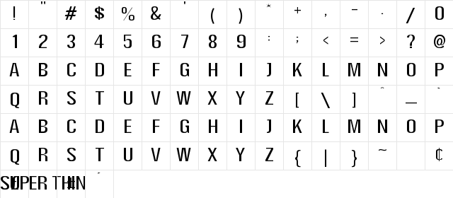Super Thin Regular  glyph index