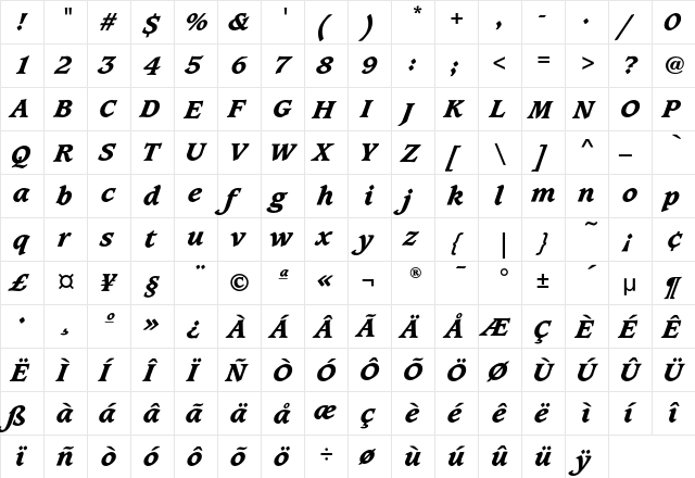 CaxtonEF ExtraBoldItalic  glyph index