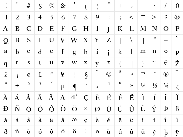 Fairfield LT Medium Regular  glyph index