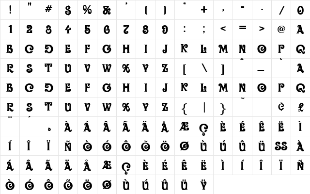 Oliver Regular  glyph index