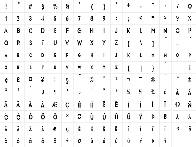 FreeportCondensed Regular  glyph index