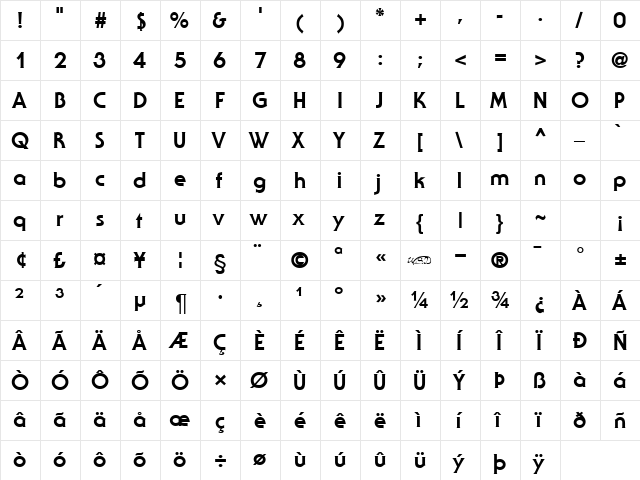 Staid Regular  glyph index