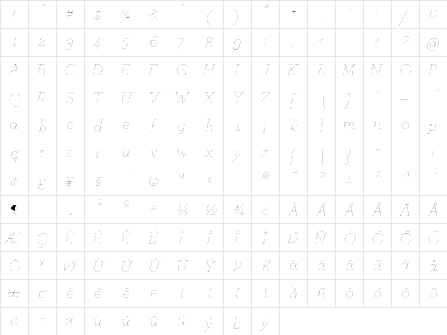 ArcherPro Hairline Italic  glyph index