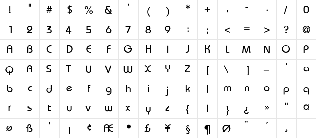 Sanibel  Regular Regular  glyph index