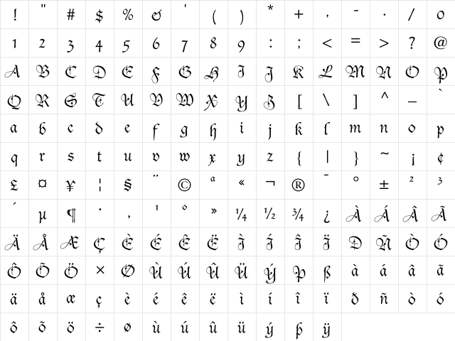 Duc De Berry Regular  glyph index