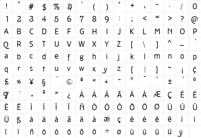 TFMaltbyAntique Regular  glyph index