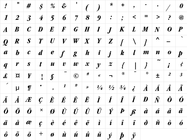 GaramondEF BoldCondensItalic  glyph index