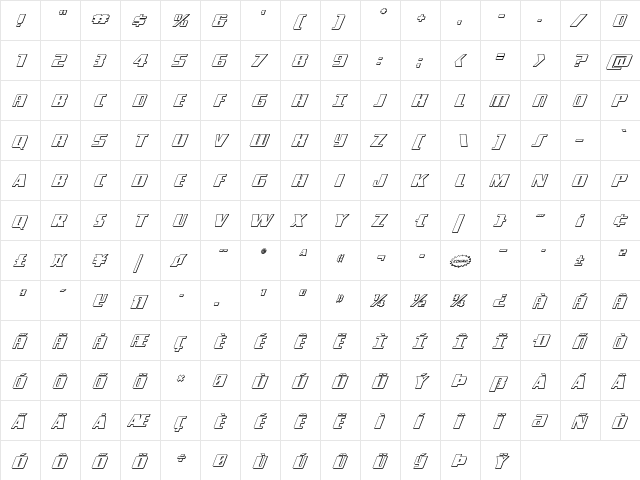 Typhoon 3D Italic Italic  glyph index