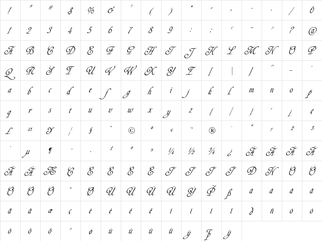 Agedage Cancelleresca Regular  glyph index