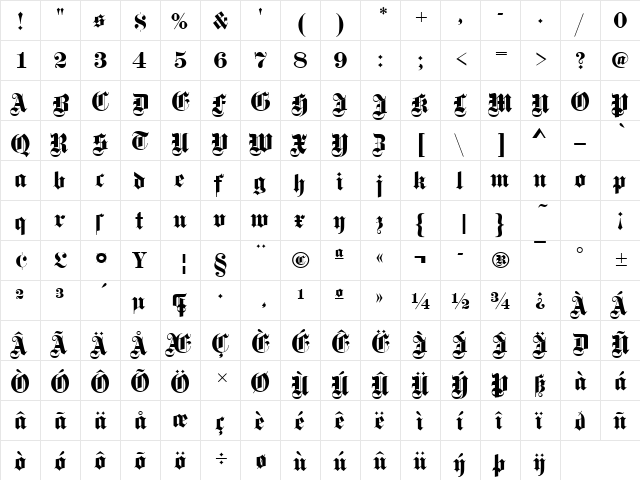 Fette Becker Gotisch Regular  glyph index