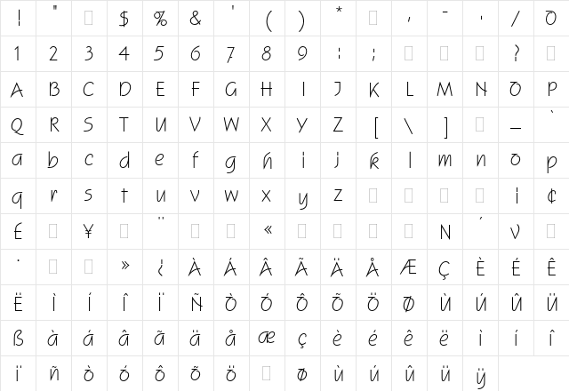 Squire Plain  glyph index