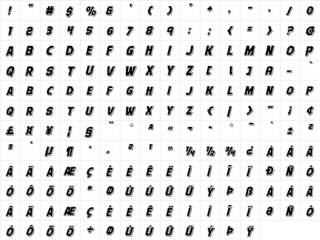 Terror Babble Punch Italic Italic  glyph index