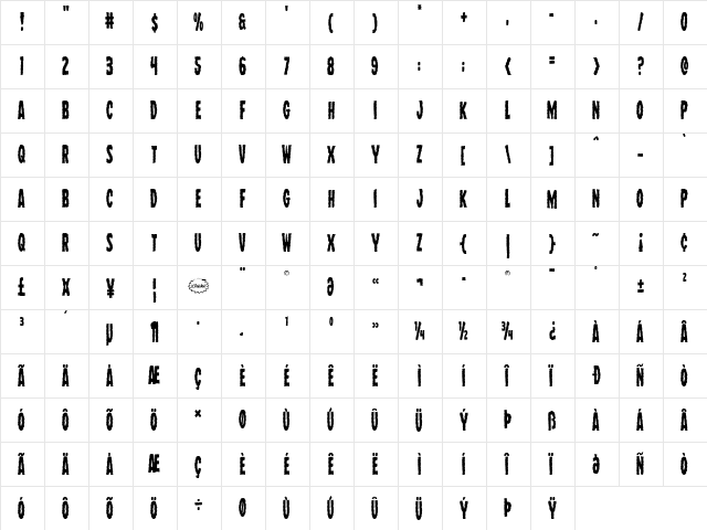 Wolf Brothers Condensed Condensed  glyph index