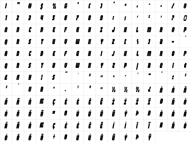 Shogunate Condensed Italic Condensed Italic  glyph index