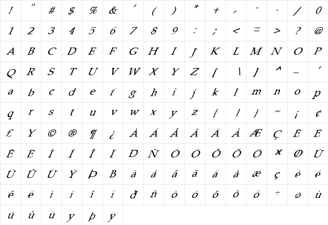 FZ ROMAN 21 ITALIC Normal  glyph index