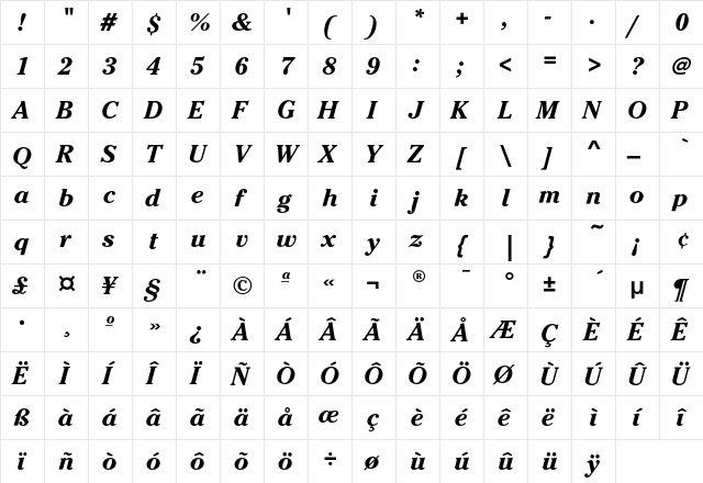 CheltenhamEF-BoldItalic Regular  glyph index