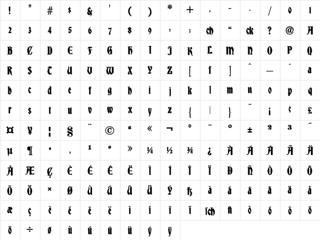 DS Bradley Contour Regular  glyph index