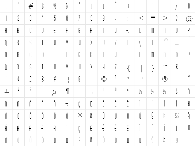 HuxleyVertical BT Regular  glyph index