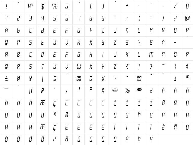 Frozen Crystal Condensed Condensed  glyph index