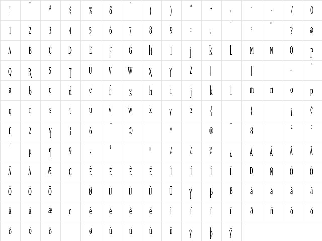 MatrixTall Roman  glyph index