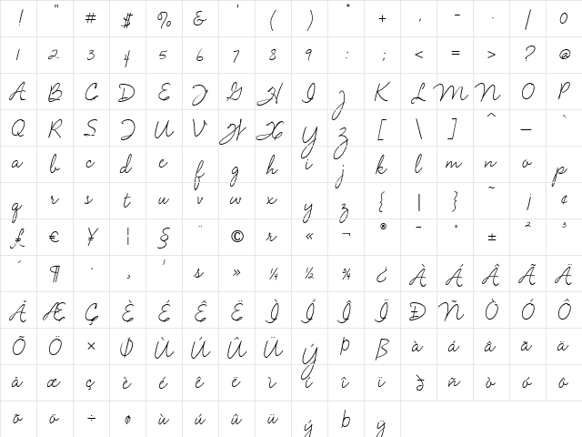 VelvetScript Regular  glyph index