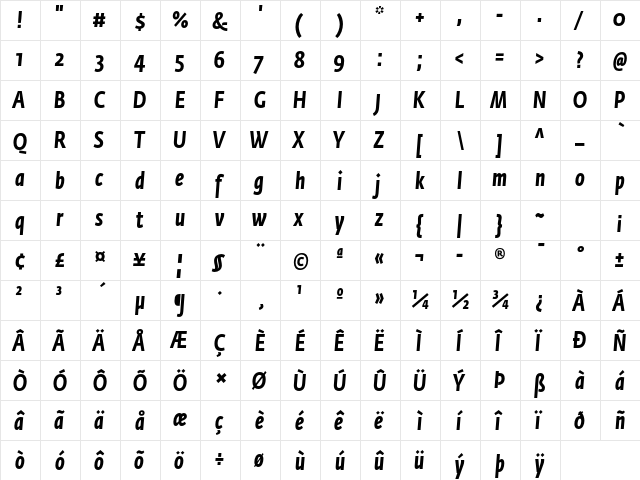 Fedra Sans Condensed Std Bold Italic  glyph index