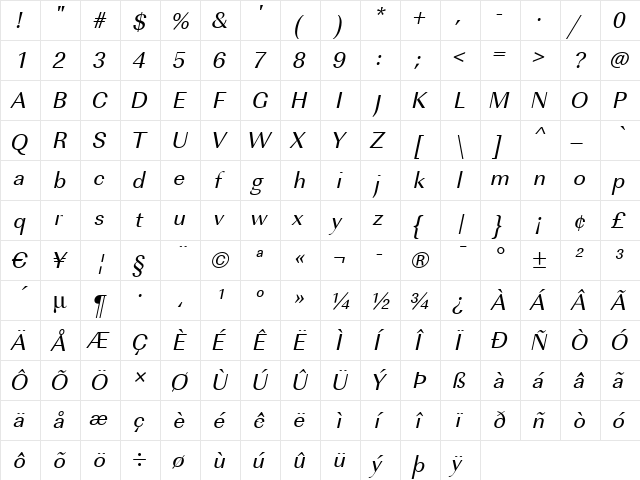 RicoBecker Italic  glyph index