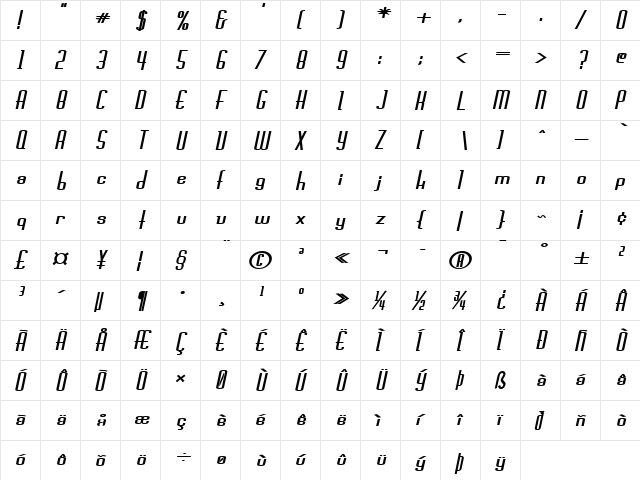 Devon-Extended Bold Italic  glyph index