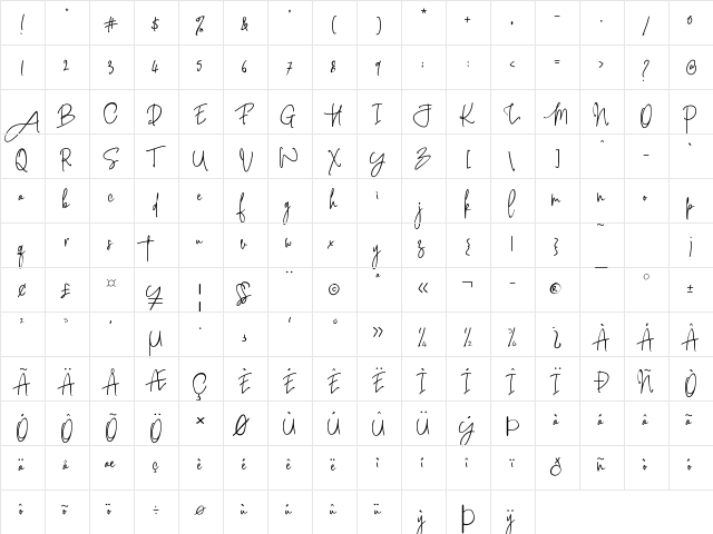 Pink Script Regular  glyph index