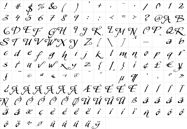 MyScript Swashes Regular  glyph index