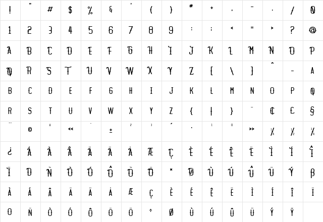 Motopica Regular  glyph index