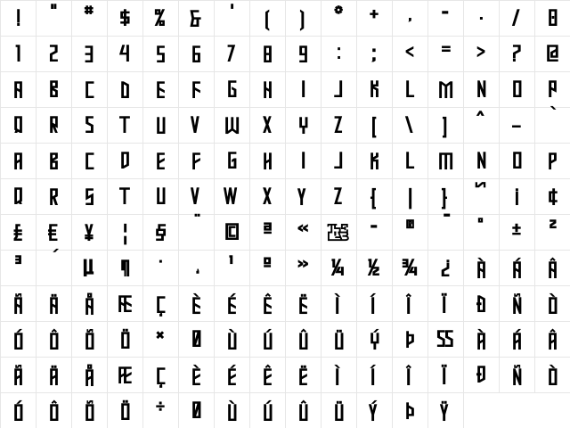 Mastodon Bold  glyph index